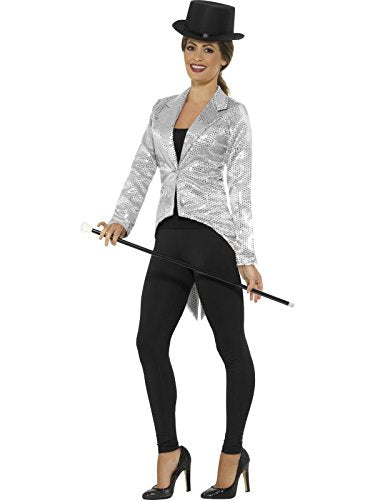 Woman wearing silver sequin jacket, black pants, and top hat, holding a cane.