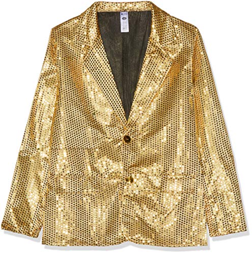Gold sequin men's jacket, front view, with a single button closure.