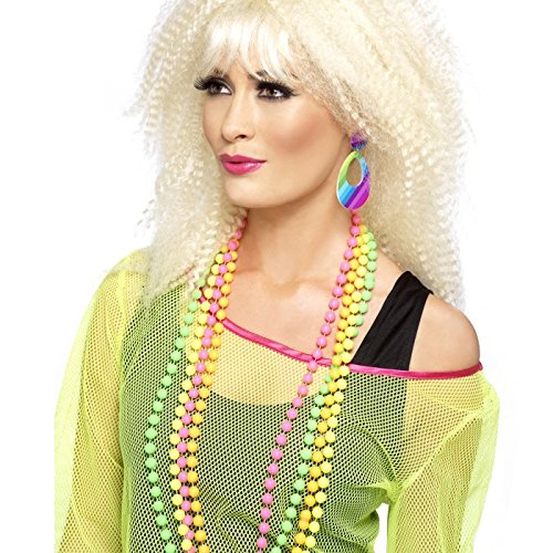 The image shows a person wearing a large, multicolored earring. Alt text: "Multicolored striped oval earring with beads hanging from a person's ear."