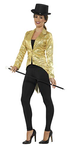 Woman wearing a gold sequin tailcoat jacket and black top hat.