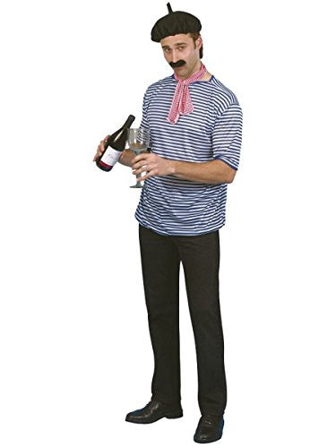 Man in a striped shirt, beret, and fake mustache costume.