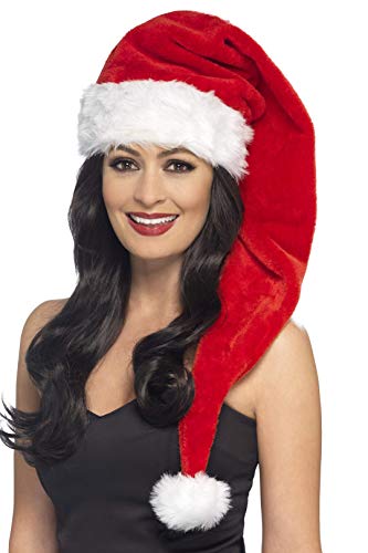 Red Santa hat with white trim worn by a woman with dark hair.