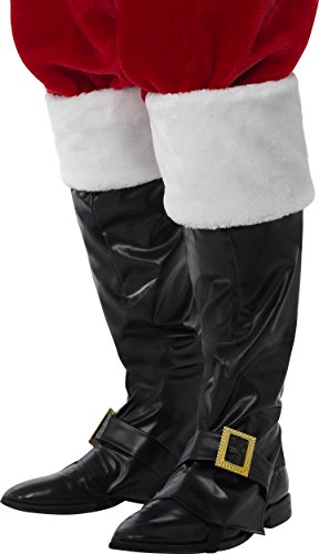 Black shiny knee-high boots with gold buckle, covered with white fur trim.