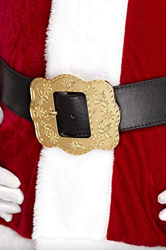 Close-up of a black Santa belt with a large, ornate gold buckle.