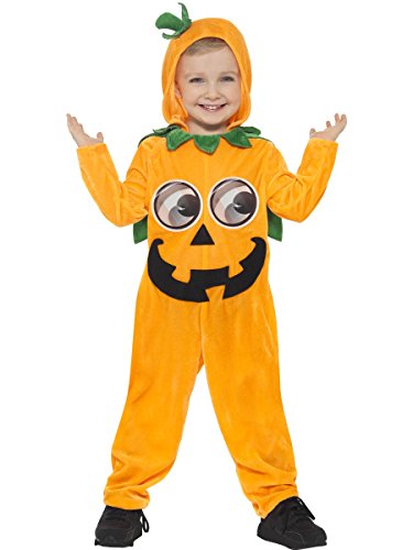 Toddler in an orange pumpkin costume with a green stem hood.