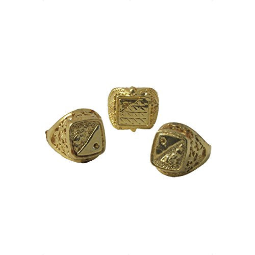 Three gold-colored seal rings with textured surfaces and varied shapes.