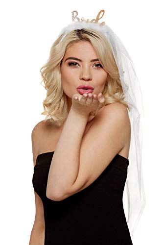 White bride headband with veil worn by a blonde woman.