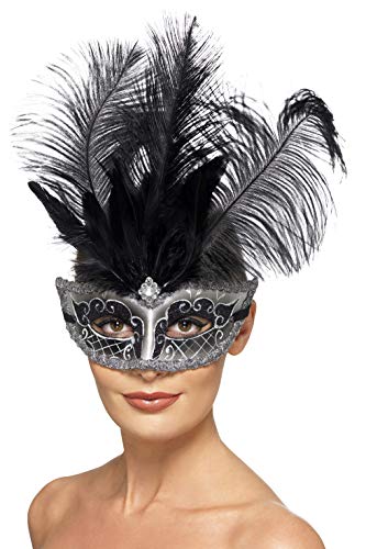 Silver and black feathered Venetian Colombina eye mask on a model.