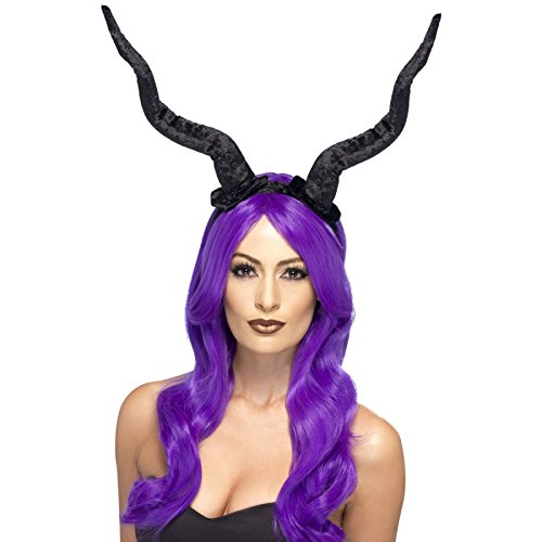 Black demon horns headband on a model with purple hair against a white background.