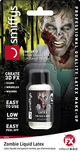 "Product packaging for Smiffys Zombie Liquid Latex, featuring a zombie with bloody face and forest background."