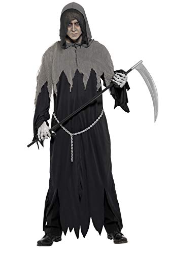 Person in a long black Grim Reaper costume holding a scythe.