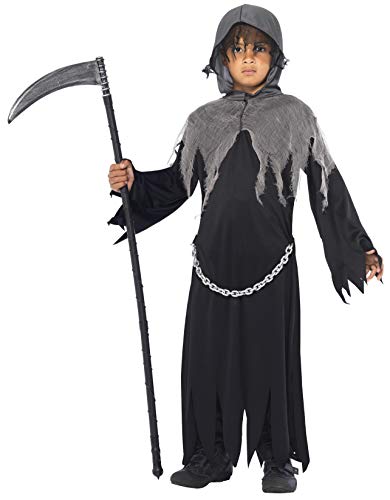 Boy in a black Grim Reaper costume holding a scythe.