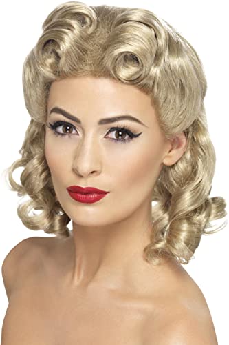 Blonde 1940s-style wig with tight curls, worn on a mannequin head.
