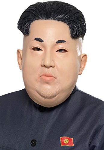 "Flesh-colored mask of a man with black hair and dark blue uniform."