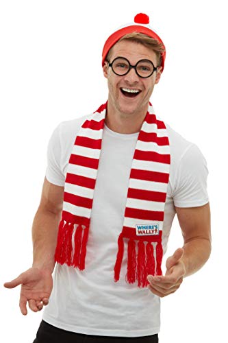 Man wearing a red and white striped "Where's Wally" costume kit.