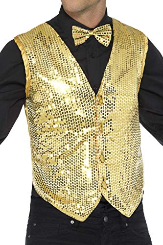 A person wears a gold sequin waistcoat over a black shirt and bow tie.
