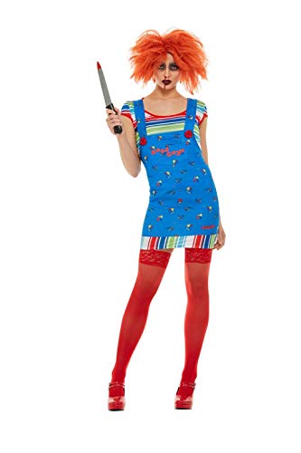 Woman in a blue and striped Chucky costume holding a knife.