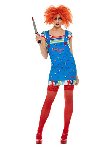 Woman in a blue Chucky costume holding a toy knife.