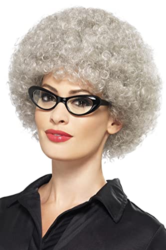 Gray curly wig on a model wearing glasses and red lipstick.