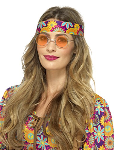 The image depicts a woman wearing orange-tinted, round glasses with a floral headband. Alt text: Woman wearing orange-tinted glasses and a floral headband.