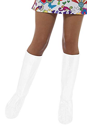 White go-go boot covers worn over legs, knee-high, shiny material.