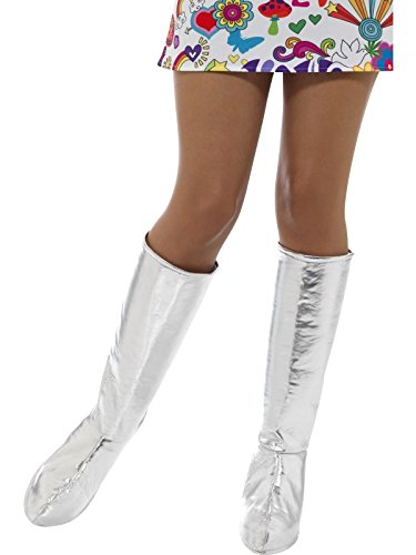 A woman's legs wearing shiny silver knee-high boots and a colourful floral skirt.