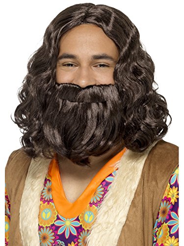 Man wearing a hippie costume with a long wig and beard against a white background.