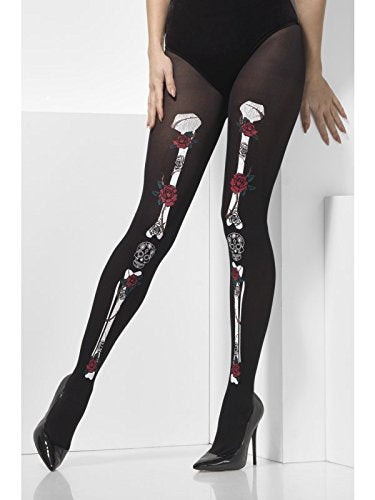 "Woman wearing black tights with skeleton leg bones and red roses printed on them."
