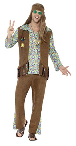 Man in a 1960s hippie costume with patterned shirt and brown trousers.