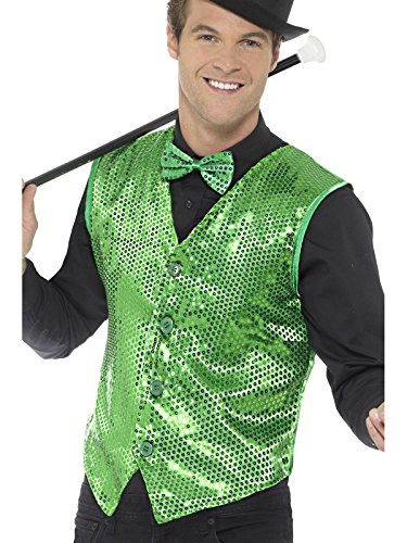 Man wearing a green sequined waistcoat, bow tie, and black hat, holding a cane.