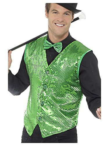 A man wearing a green sequin waistcoat, matching bow tie, black shirt, and top hat.