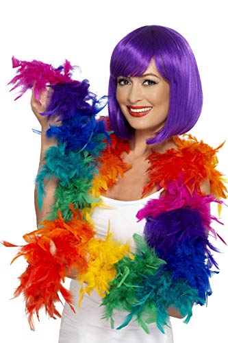 Woman with a purple bob wig wearing a colorful rainbow feather boa.