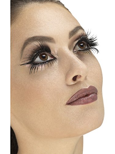 The image depicts a woman with false eyelashes and makeup. The alt text is: "Woman with long false eyelashes and brown lipstick against a white background."