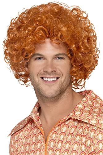 Man wearing a large, curly, reddish-orange afro wig.