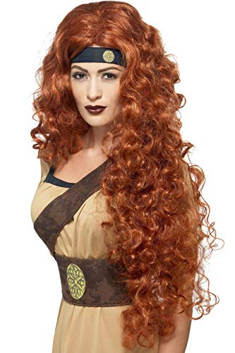 Long, auburn curly wig with a black headband, worn by a model.