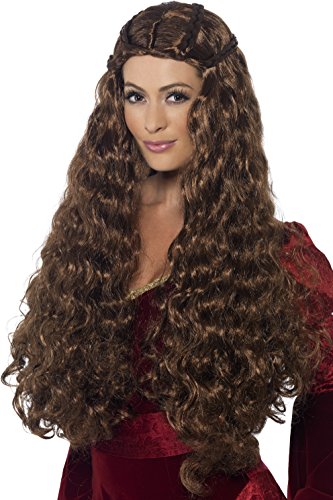 Mannequin head wearing a long, curly brown wig with braids and a red dress.