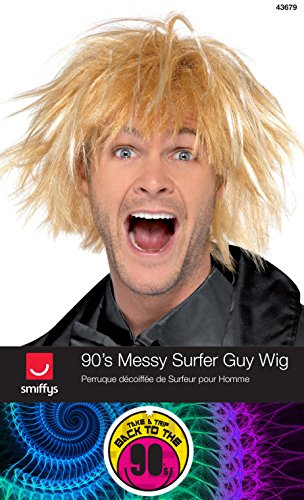 Man with messy blonde wig and open mouth on product advertisement image.