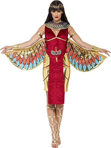 Woman in a red Egyptian goddess costume with golden wings and headdress.