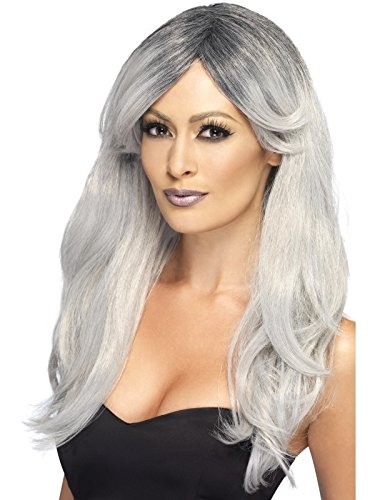 Long, wavy, silver-grey wig worn by a woman with pale makeup.