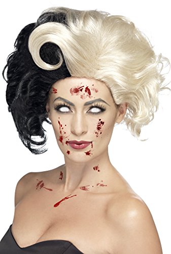 "Mannequin head wearing a black and white wig with fake blood splatters on face and chest."