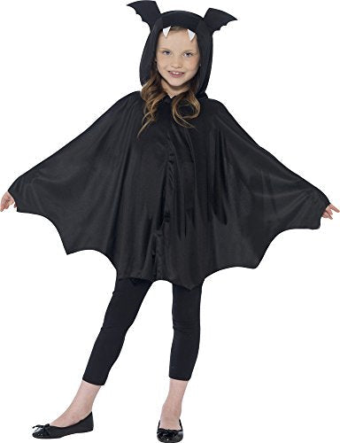 A child wearing a black bat costume with a hooded cape and bat ears.