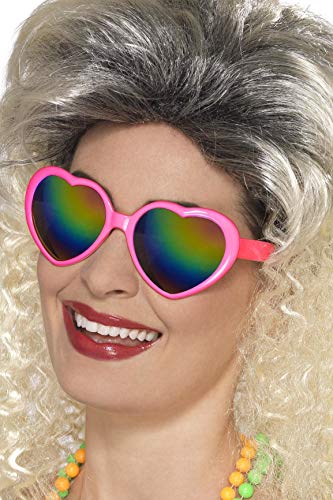 Pink heart-shaped sunglasses worn by a person with blonde curly hair.