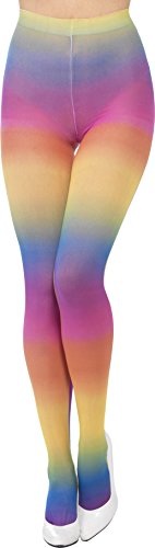 A model wearing rainbow-coloured tights and white shoes, viewed from the back.