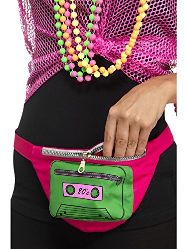 A person wearing a pink fanny pack designed to look like a cassette tape.