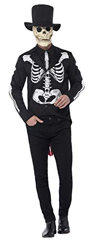 Day of the Dead skeleton costume with black suit and hat.