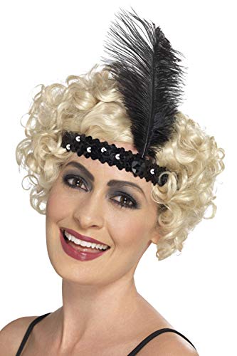 Black flapper headband with feather, worn on a blonde curly wig.