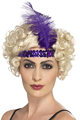 Purple sequined flapper headband with feather, worn on a blonde wig.