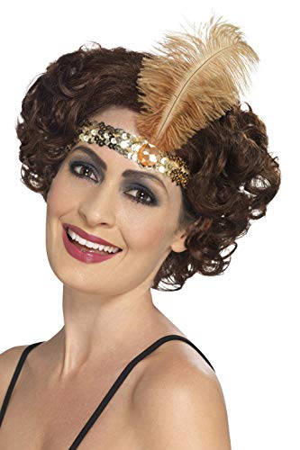 Gold flapper headband with feather, worn on a woman with dark hair.