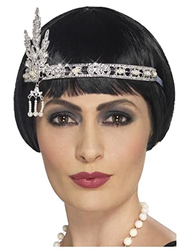Silver flapper headband with jewels, worn on a woman with short hair.