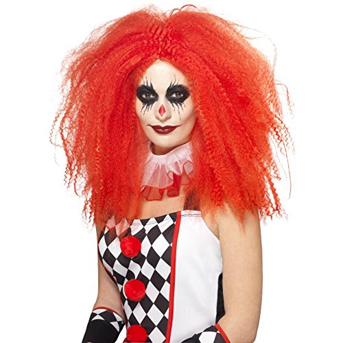 A person wearing a clown costume and a bright red crimped wig.